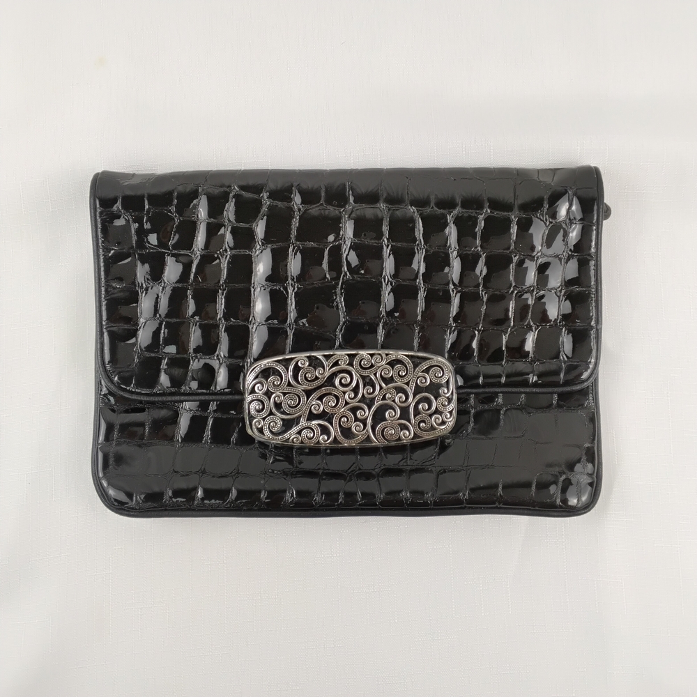 Brighton Croc-Embossed Black Patent Clutch with Silver Accent & Crossbody Strap